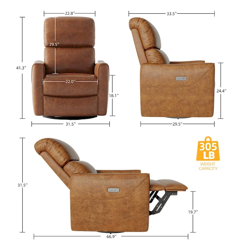 PU Leather Power Swivel Glider Recliner Chair Electric Rocker Recliner Chair with Lumbar Support & USB Port