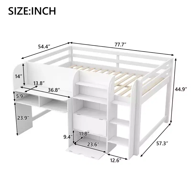 Pink/White Low Loft Bed with Desk, Storage & Whiteboard �?Twin, 1-Person