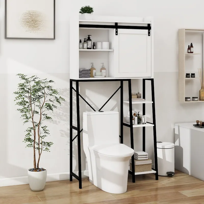 Over-Toilet Storage Cabinet with Sliding Barn Door and Open Side Shelves, White
