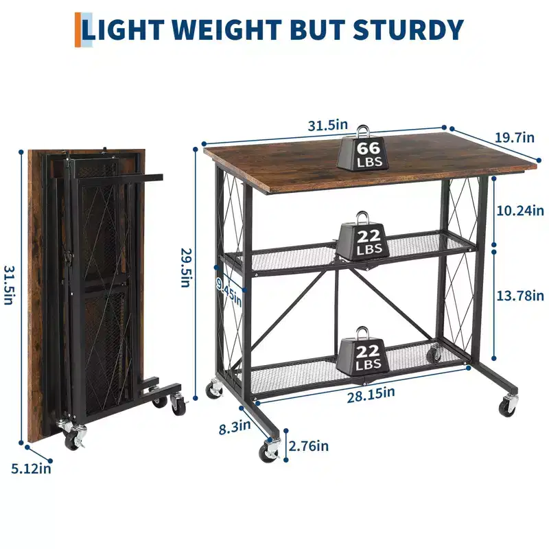 31.5'' Foldable Desk with Wheels, 3 Tier Mobile Computer Desk with Open Shelves, No-Assembly Wooden Writing Work for Office Bedroom Living Room