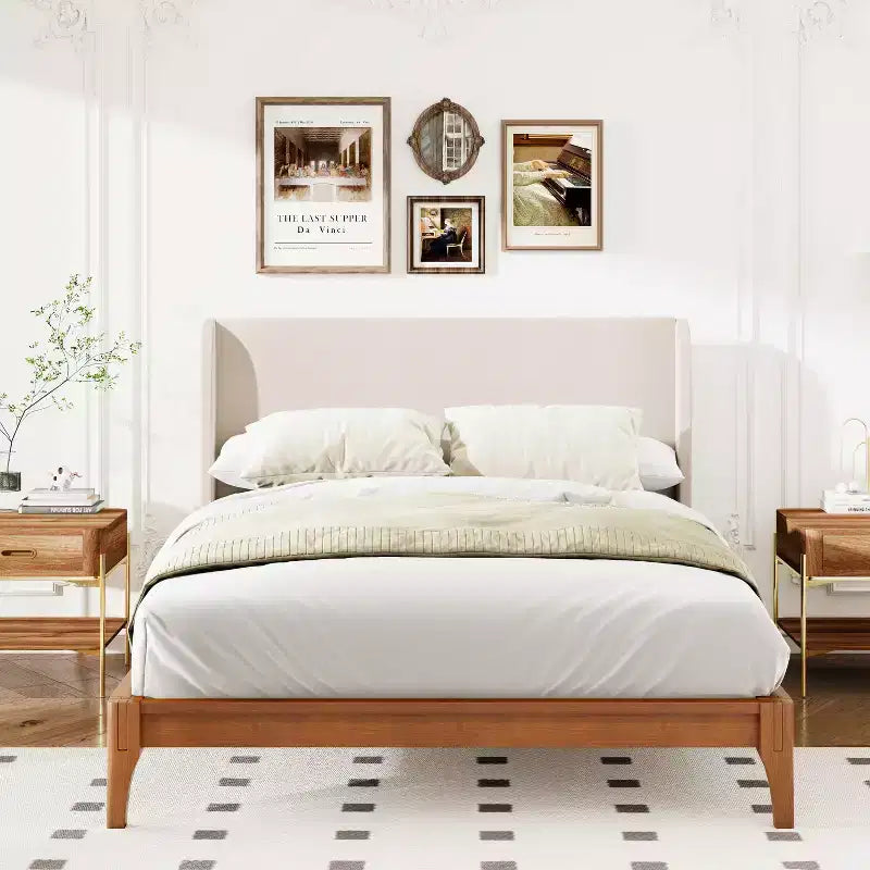 King/Queen Size Platform Bed, Solid Dry Bamboo Wood Bed Frame with Upholstered High Headboard, Easy Assembly