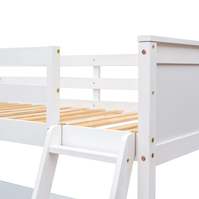 win Size Loft Bed with Shelves and Desk for Kids Teens Aldults, Wooden Loft Bed Frame with Lnclined Ladder and Safety Guardrail