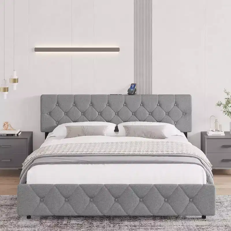 Full Size Upholstered Platform Bed Frame with Adjustable Headboard & USB Ports �C Light Gray