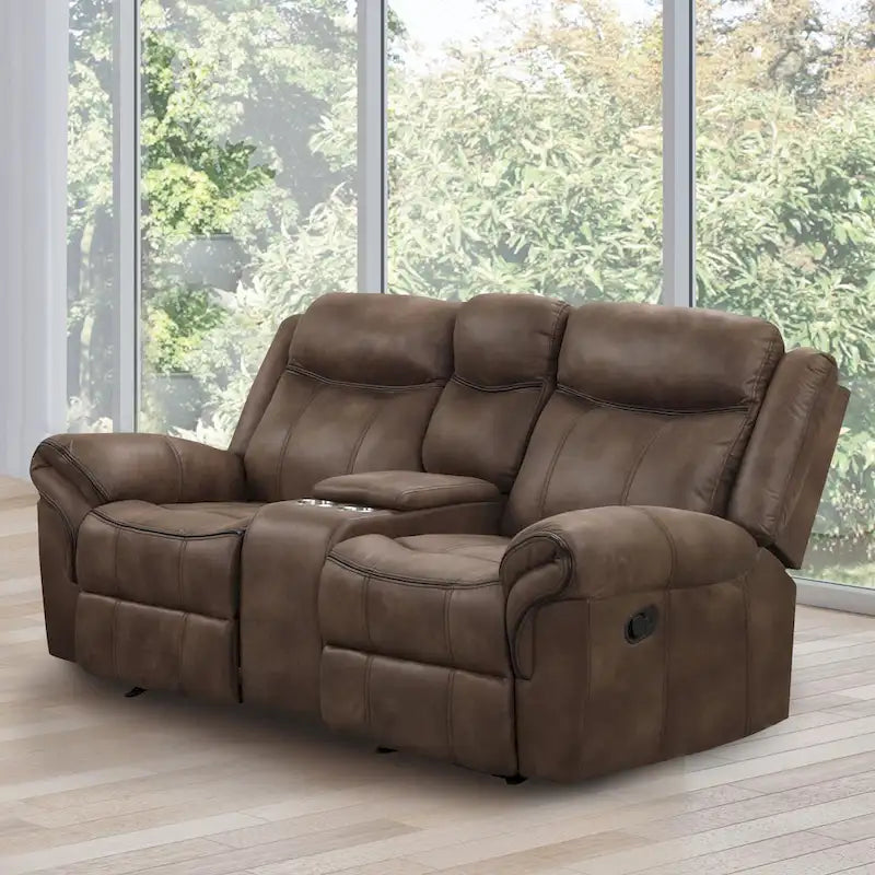 Verne Brown Manual Microsuede Glider Reclining Loveseat with Center Storage Console