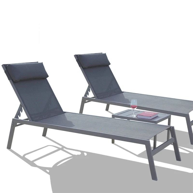 5 Adjustable Steel Outdoor 2 Chaise Lounge Chair with Pillow and 1 Table in Blue - N/A