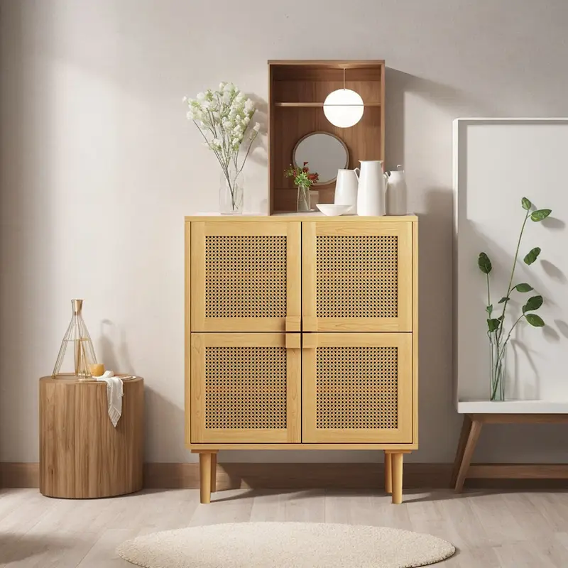 4-Doors Rattan Mesh Storage Cabinet, Sideboard with Eight Storage Spaces