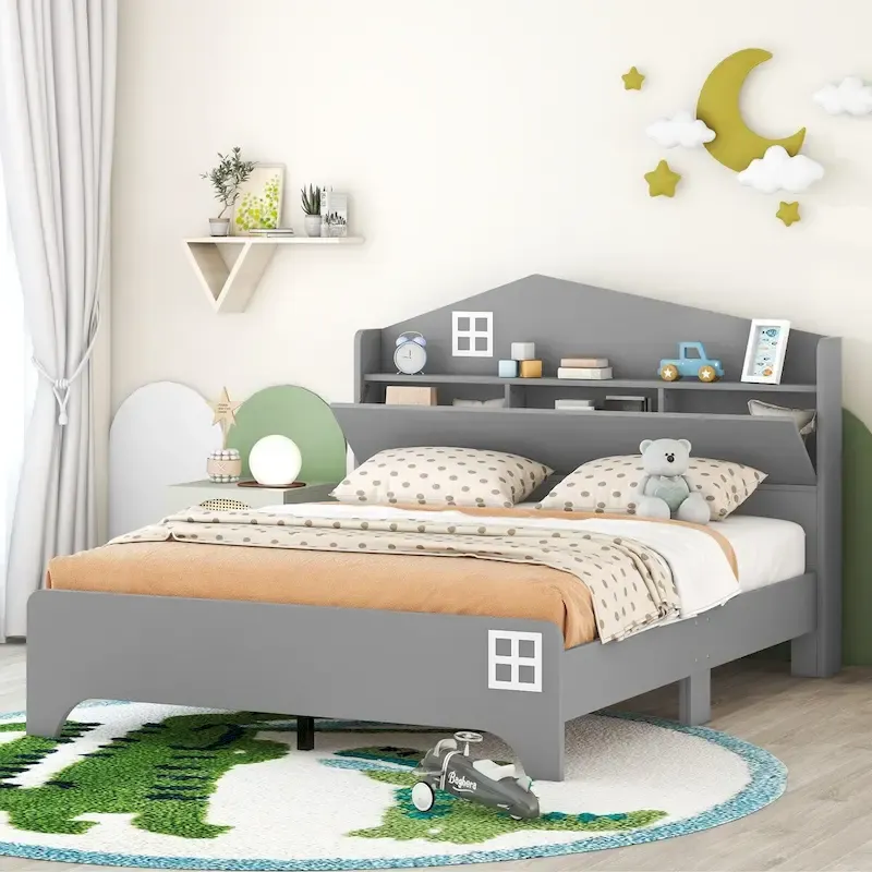 Grey / Black Full Size House-Shape Platform Bed with Storage Headboard