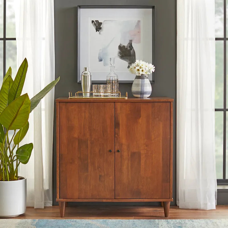 2-Door Buffet Sideboard – Tobacco Brown, Acacia Veneer & Rubberwood, Black Metal Knobs, Mid-Century Modern Style