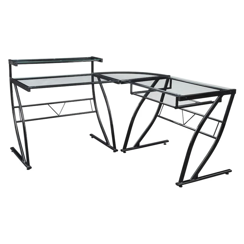 Black Polished L-Shaped Glass Desk for 1–2 Users