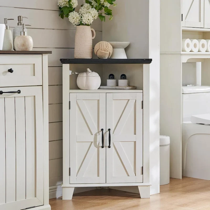 Farmhouse Corner Bathroom Cabinet, Small Corner Cabinet with Barn Door - N/A