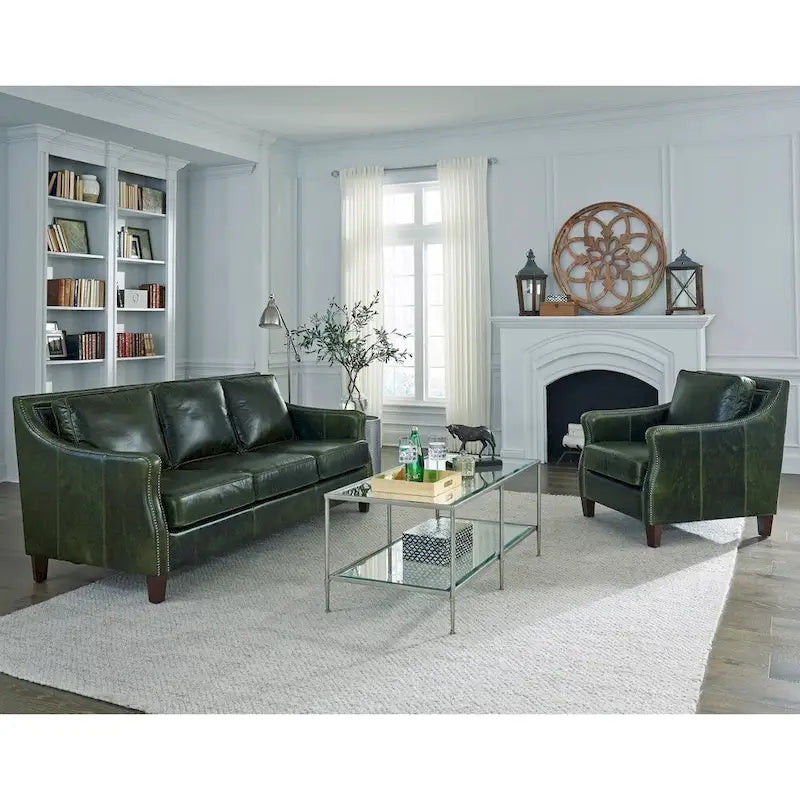 Essex Distressed Green Top Grain Leather Sofa and Chair Set