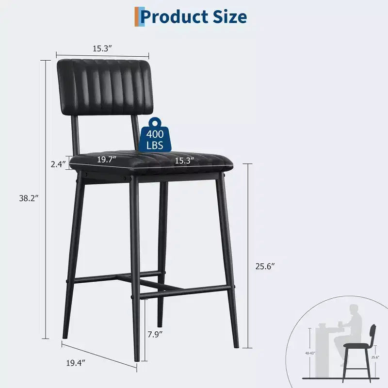 2 PCS Modern Bar Stools, 25.6 Counter Height with PU Leather & Metal Frame, 400 lb Capacity for Kitchen Island or Home Bar
