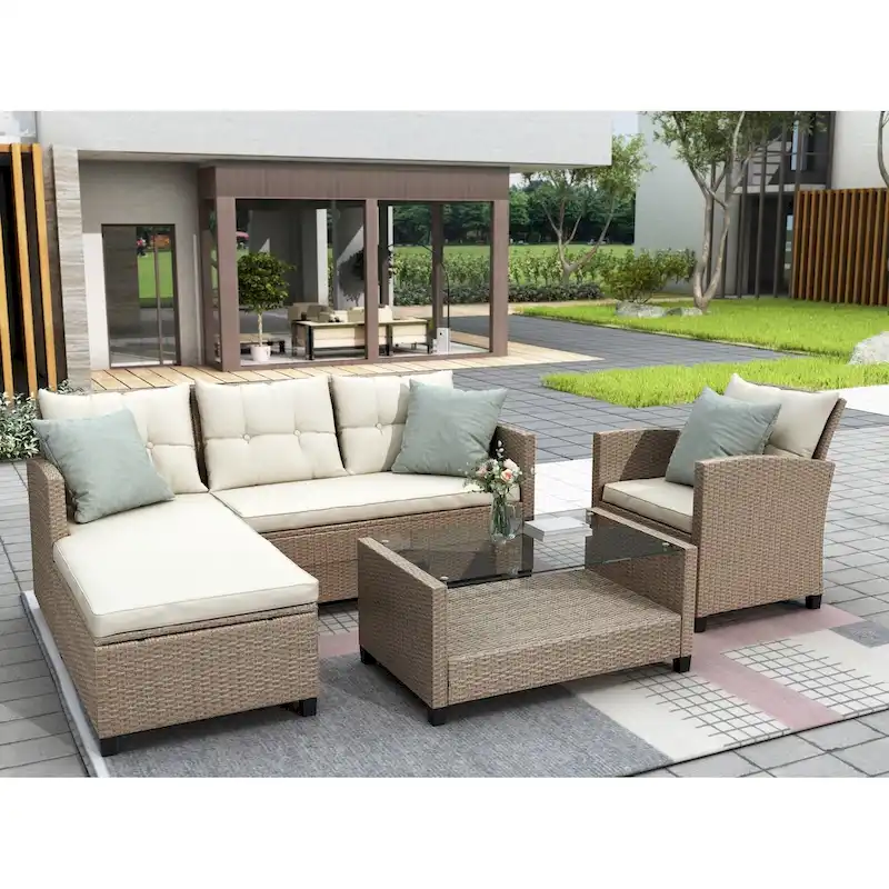 Outdoor, Patio Furniture Sets, 4 Piece Conversation Set Wicker Ratten Sectional Sofa with Seat Cushions