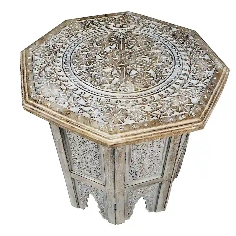 18 Inch Farmhouse Side Table, Engraved Carved Design, Mango Wood, Octagonal Top, Antique Brown