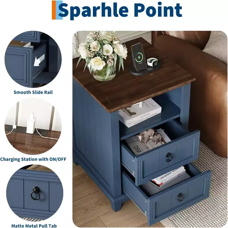 Compact Wooden End Table Small Bedside Table,Nightstand Set of 2 with Charging Station, 2 Drawers for Bedroom Living Room, Blue