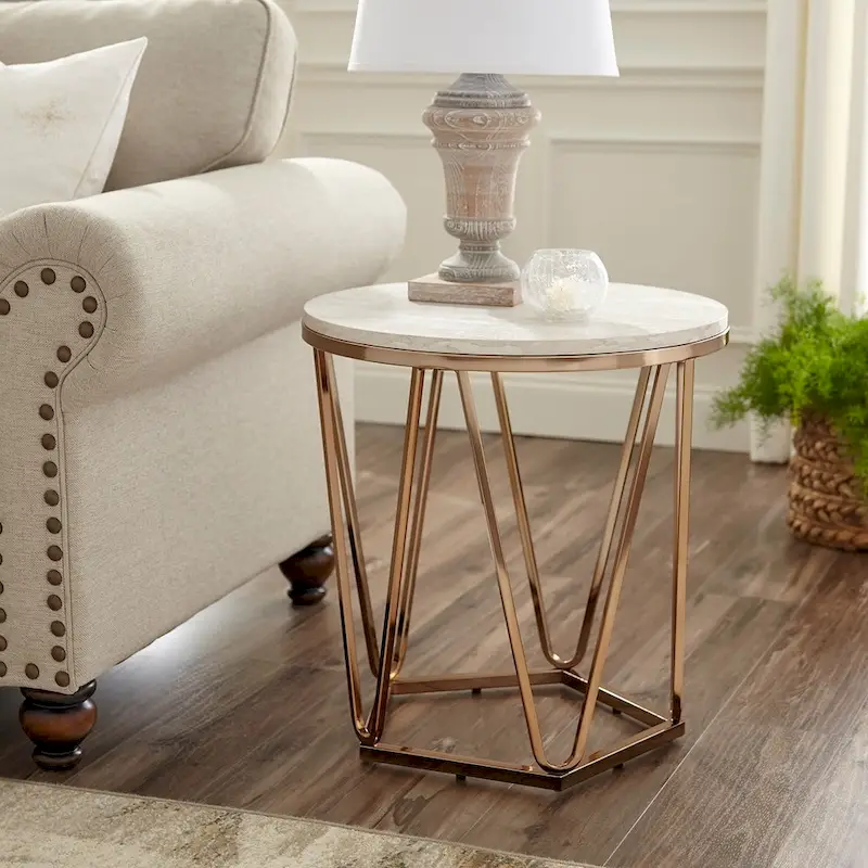 SEI Furniture Henderson Modern Faux Marble Round Side Table with Gold Geometric Base