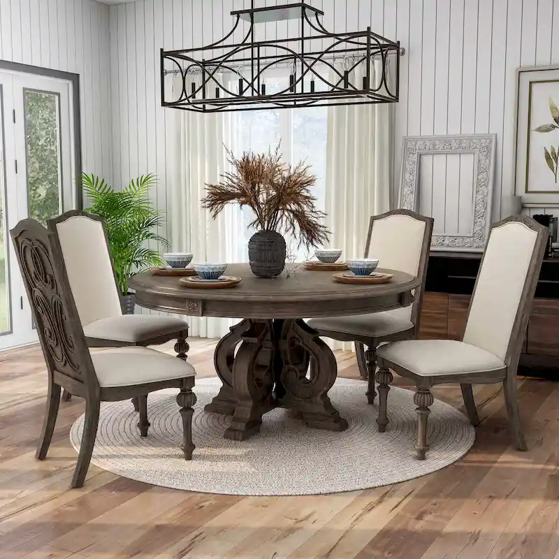 Cornerways Traditional Brown Solid Wood Pedestal Base Round Dining Set by The Gray Barn