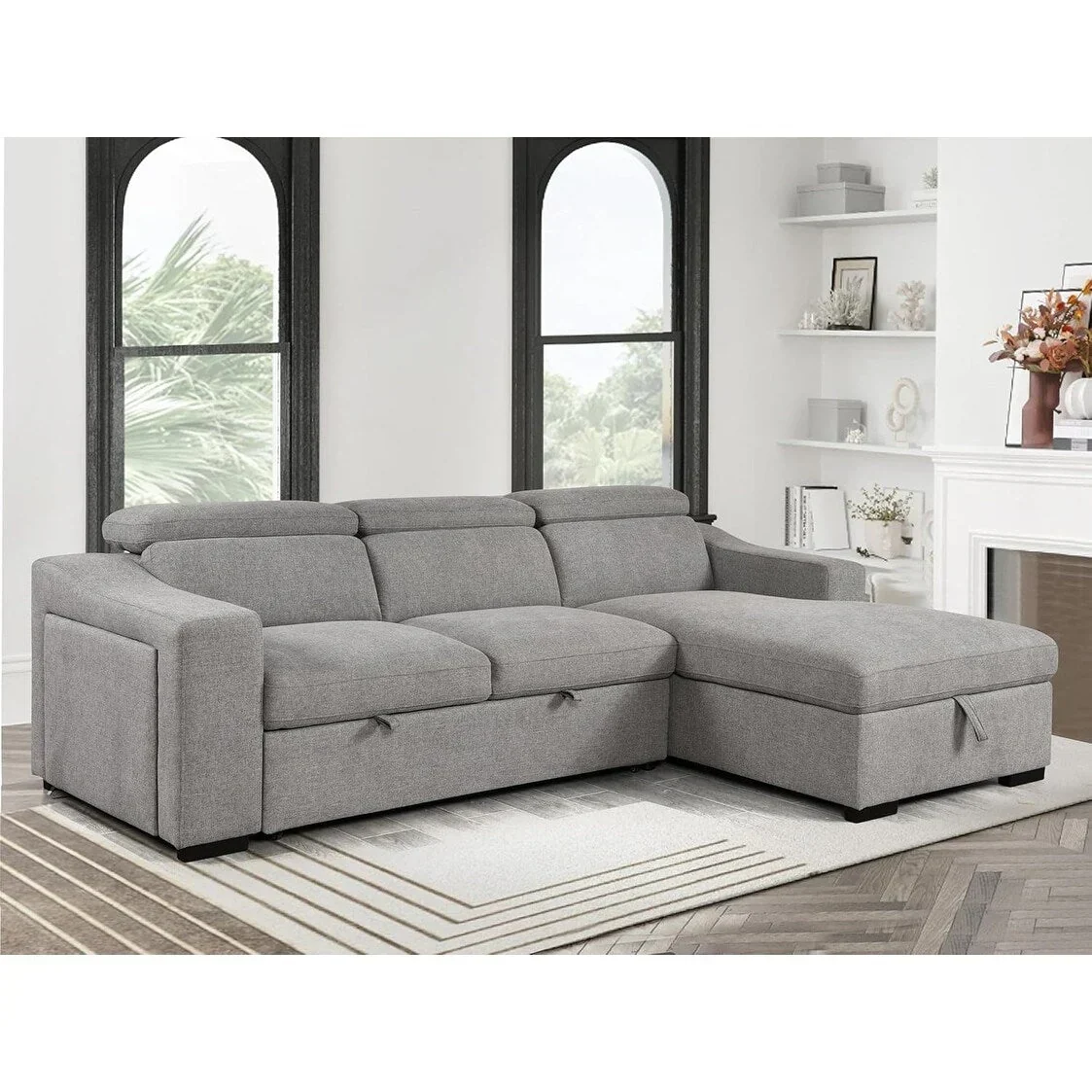 Roomfitters 103 Convertible Sectional Sofa with Storage Chaise, Adjustable Headrests, L-Shaped Sleeper Corner Sofa