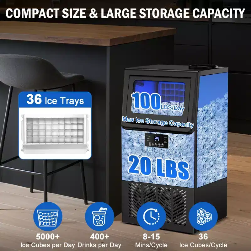 Denjol Commercial Ice Maker - 100 lb Daily Output, 20 lb Storage, Freestanding/Undercounter