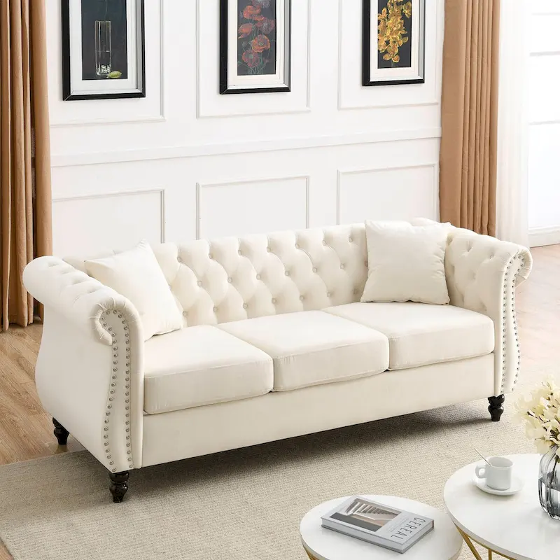 Sofa Beige Velvet for Living Room, 3 Seater Sofa Tufted Couch with Rolled Arms and Nailhead, two pillows