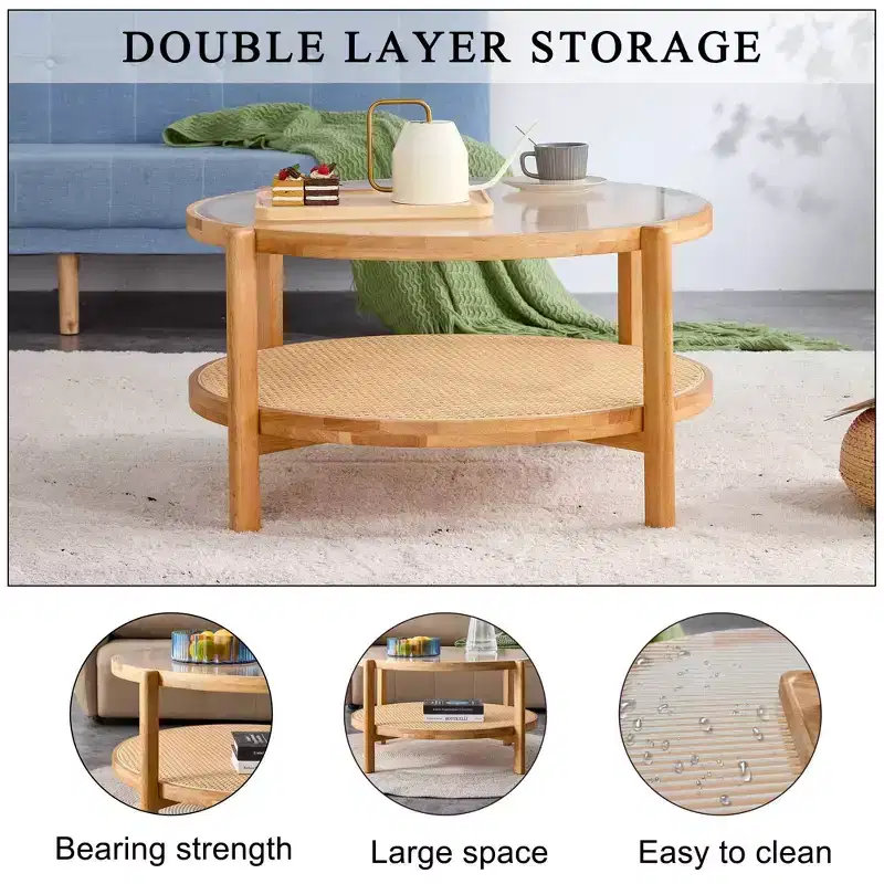 Coffee Table, Wood Modern Minimalist Round Double-Layer  Woven Rattan Chinese Style End Table for Living Room/Dining Room/Bedroom