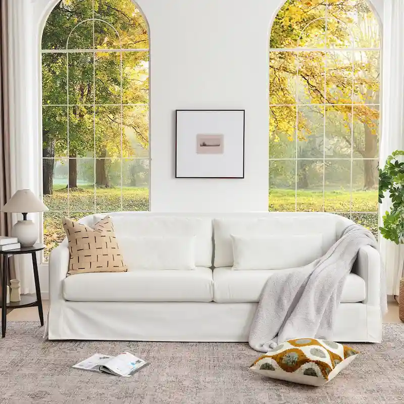 KINWELL 3-Seater Linen Slipcovered Sofa with 4 Pillows and Skirt, 90W