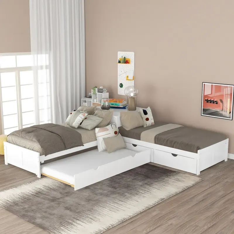 White Modern Twin Size L-shaped Platform Bed with Trundle and Drawers for Bedroom