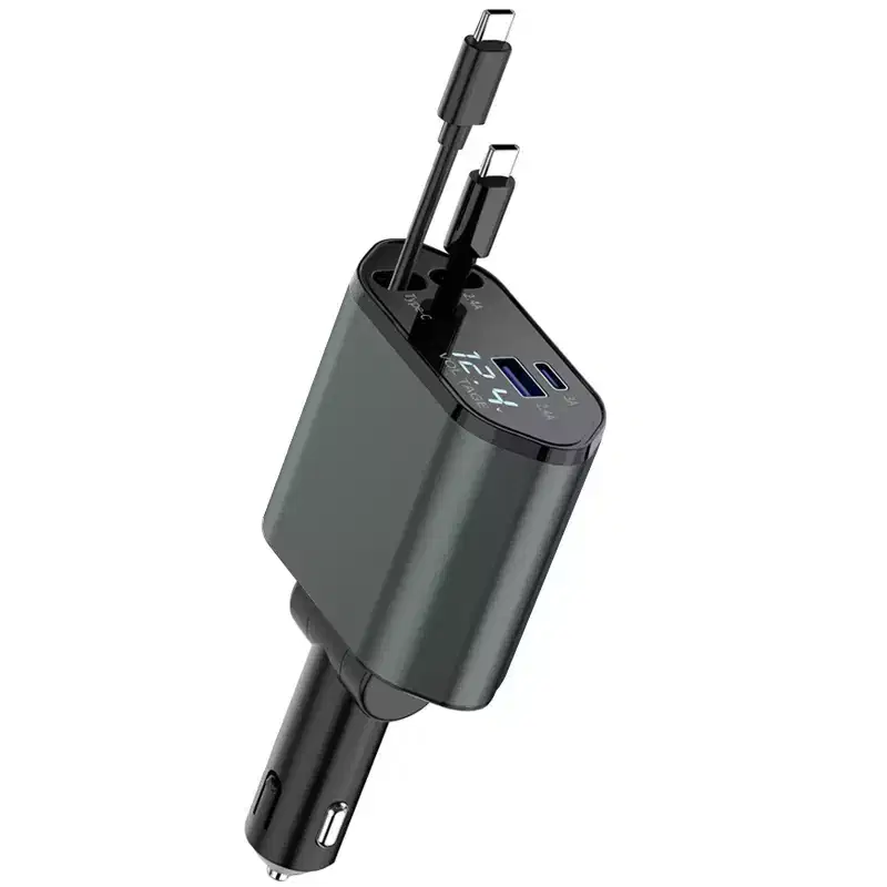 North 4-in-1 Retractable Car Charger with 2 USB-C Cables and Dual USB Ports