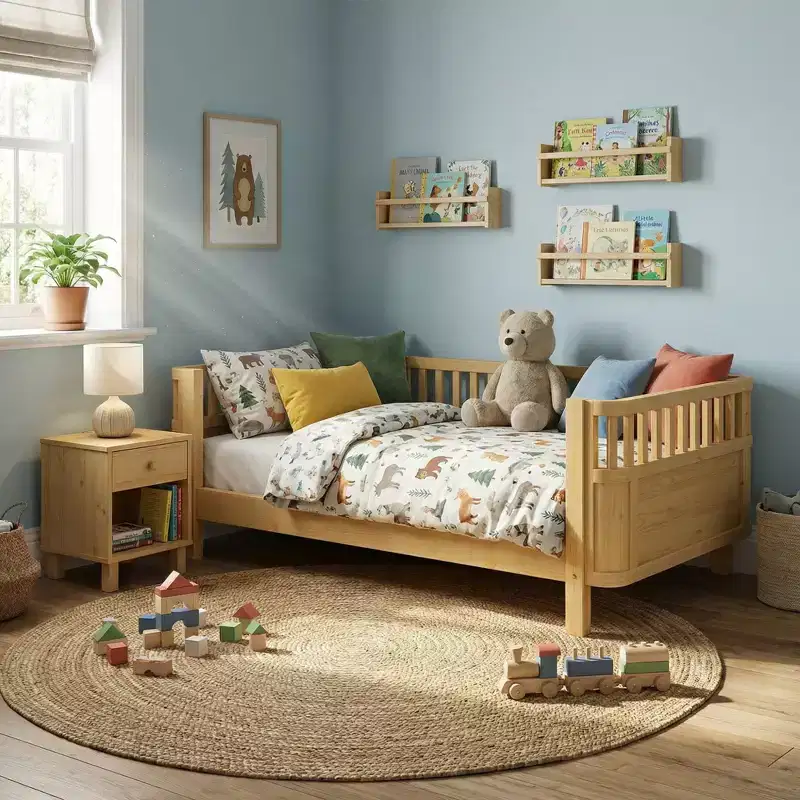 Full Size Wood Platform Bed for Kids with Safety Rails