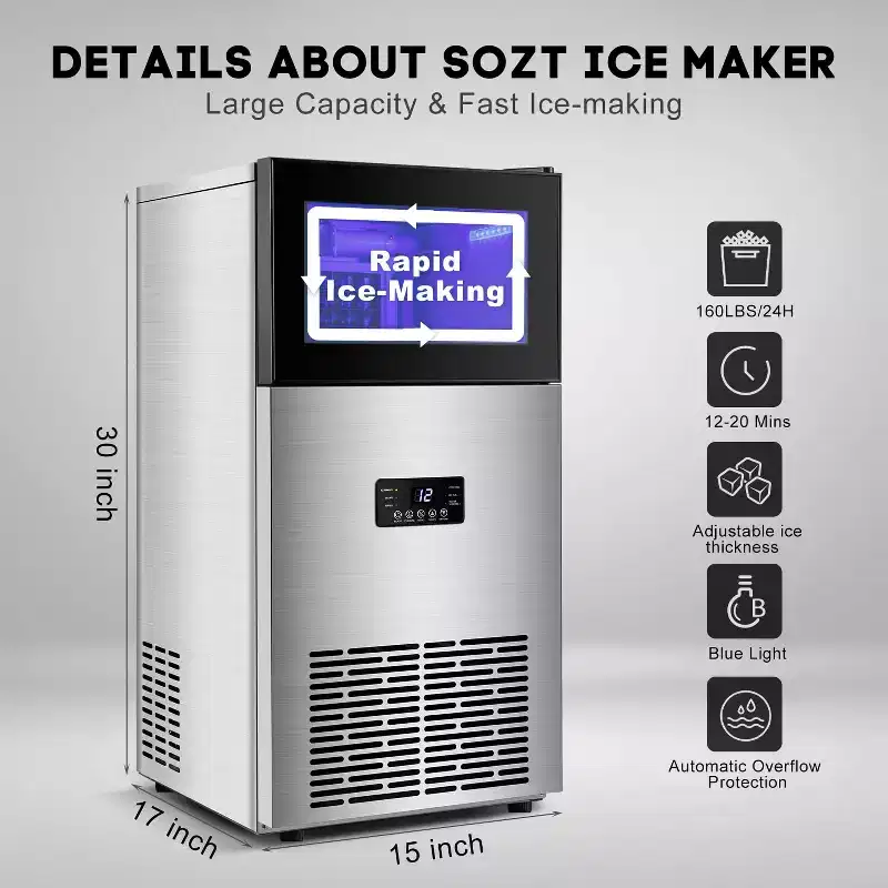 Denjol High-Capacity Ice Maker - 130LB/24H Output, Large 35LB Storage Bin, 15 Inch, Stainless Steel