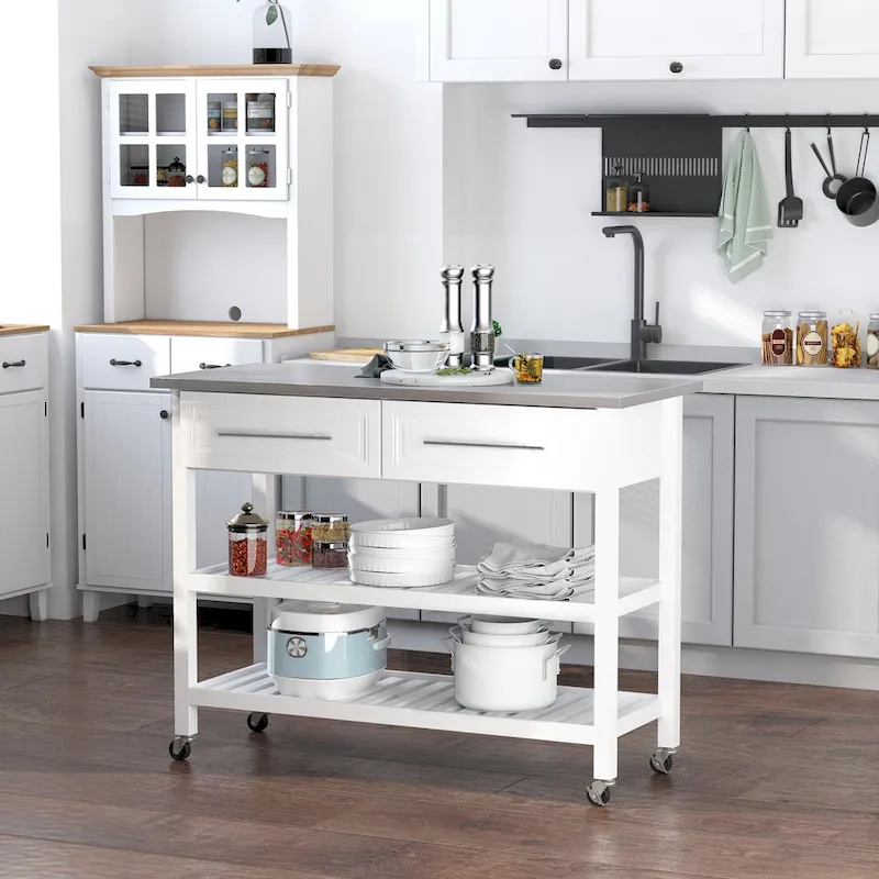 3-Tier Rolling Kitchen Cart White Stainless Steel Top Farmhouse Storage Drawers Shelves Casters