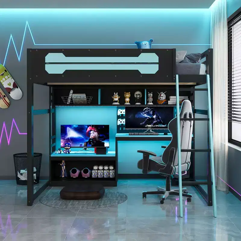 GDF Studio Monroe Wood Loft Bed with Desk, Shelves, LED Lights, USB Ports and Pegboard