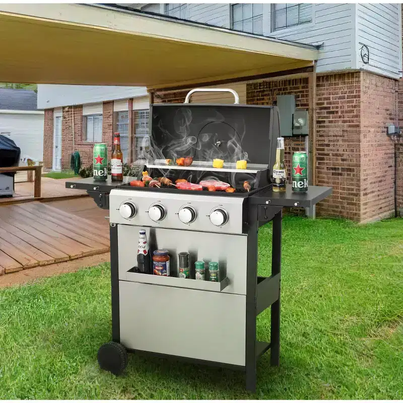 GDFStudio Kitty 34200 BTU Propane Gas 4-Burner BBQ Grill with Foldable Work Table, Shelves and Wire Enamel Cooking Grids