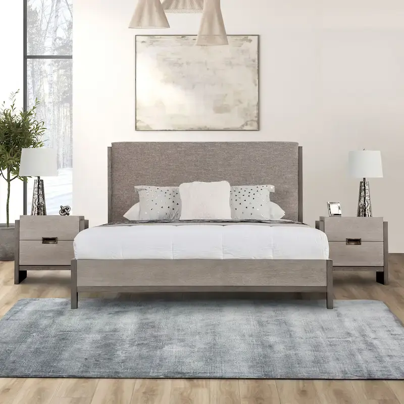 Furniture of America Cruz Contemporary Gray Solid Wood Panel 3-Piece Bed Frame and 2 Nightstand Bedroom Set