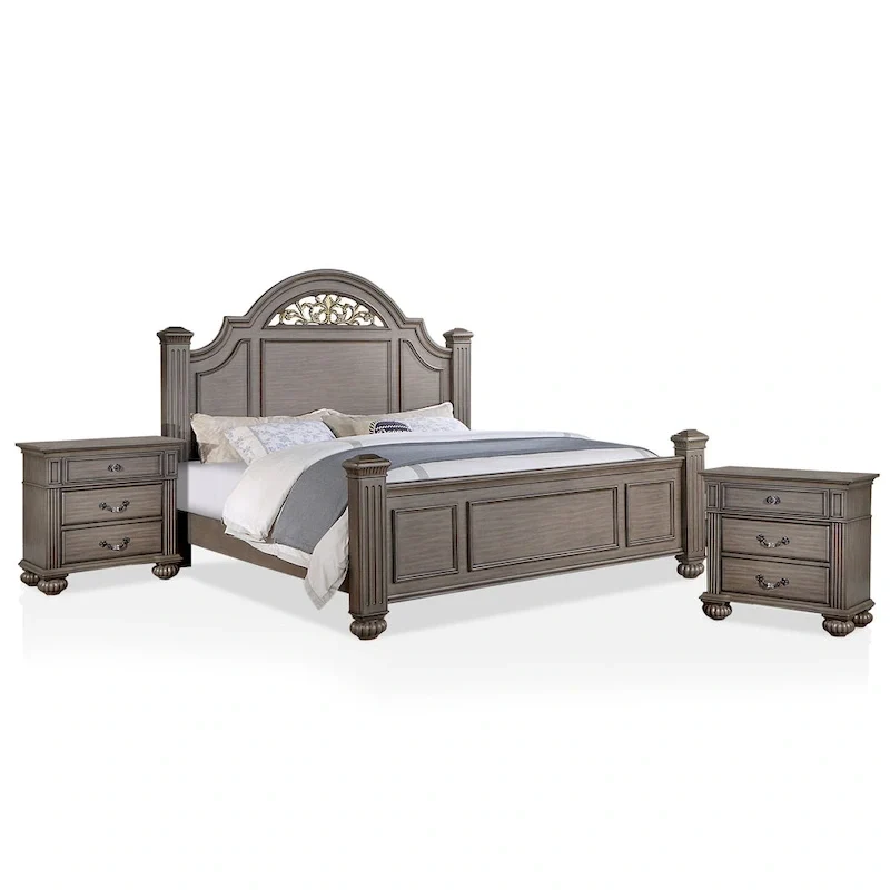 Vame 3-Piece Traditional Grey Wood Poster Bedroom Set With Two Nightstands by Furniture of America