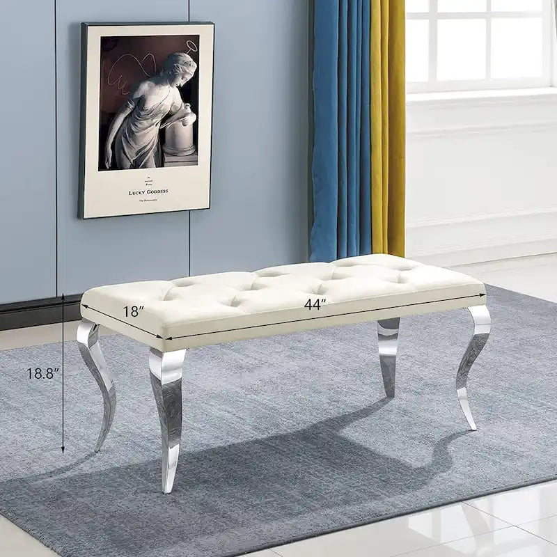 Velvet Button Tufted Upholstered Dining Bench with Polished Metal Legs