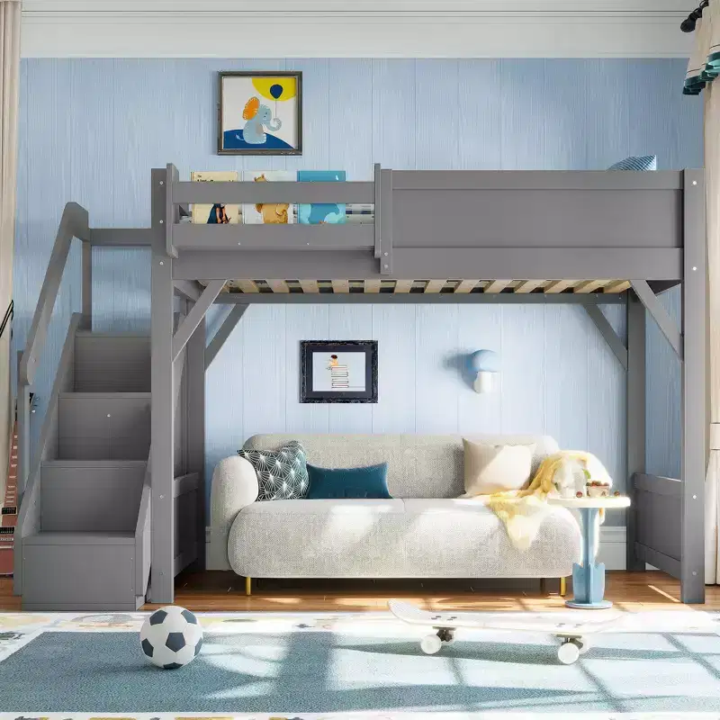 GDFStudio Elowyn Wood Loft Bed with Wardrobe and Storage