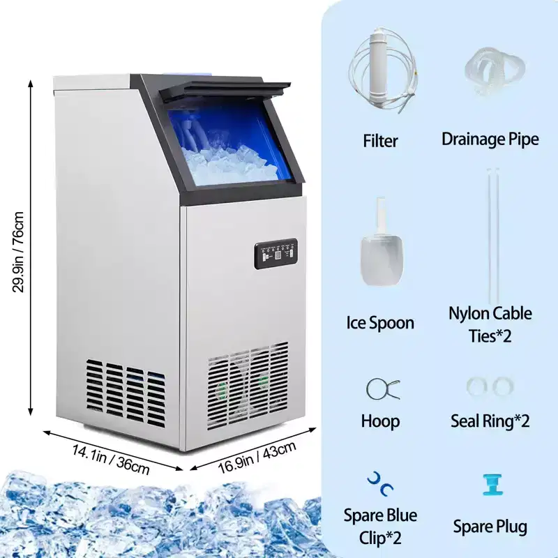 Commercial Ice Maker Machine - 120lbs/24H Stainless Steel Ice Maker with 24lbs Storage Bin, 12-Min Quick Ice, Freestanding or Under Counter