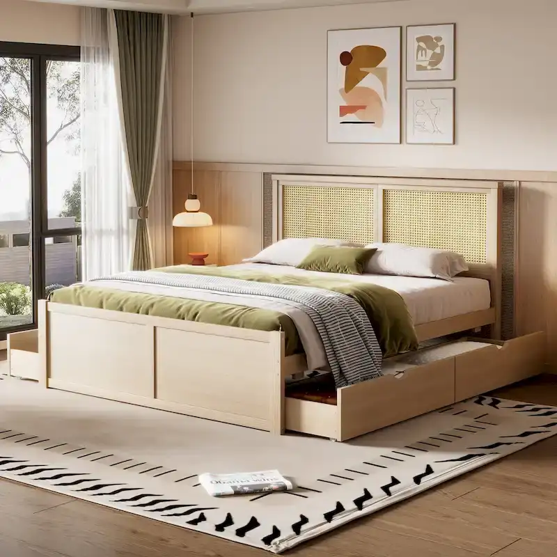 Antique Natural Wood Platform Bed with 4 Storage Drawers Rattan Headboard
