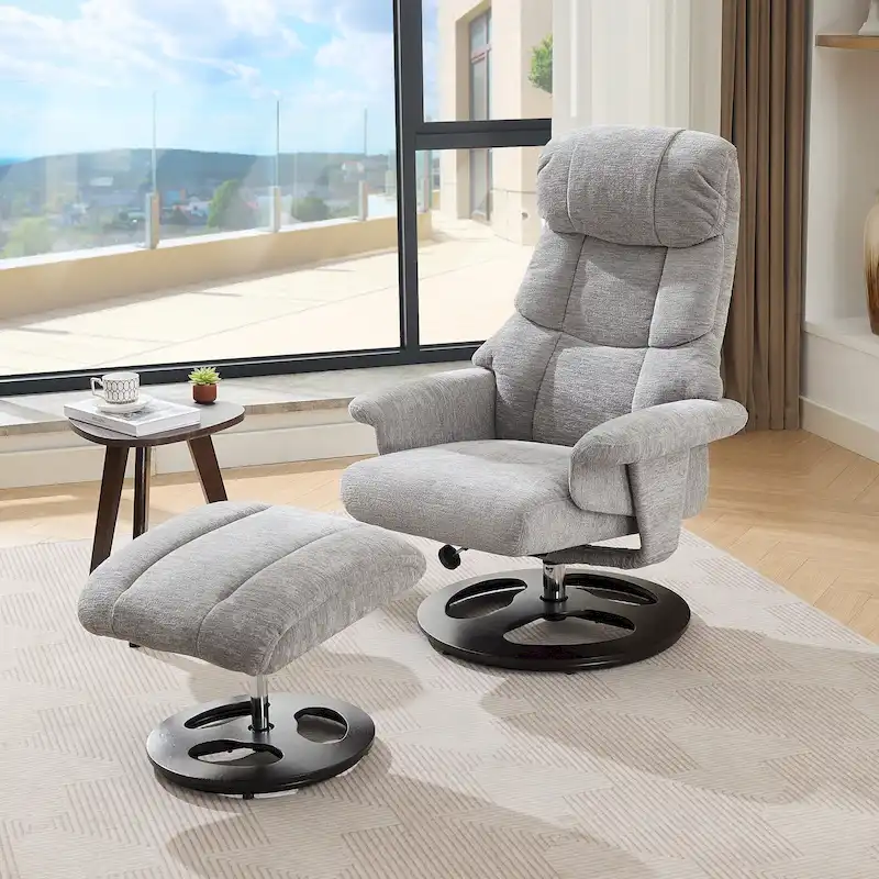 Heated Massage Armchair Chenille Fabric Seating Swivel Recliner Chair with Ottoman, Adjustable Backrest and Remote