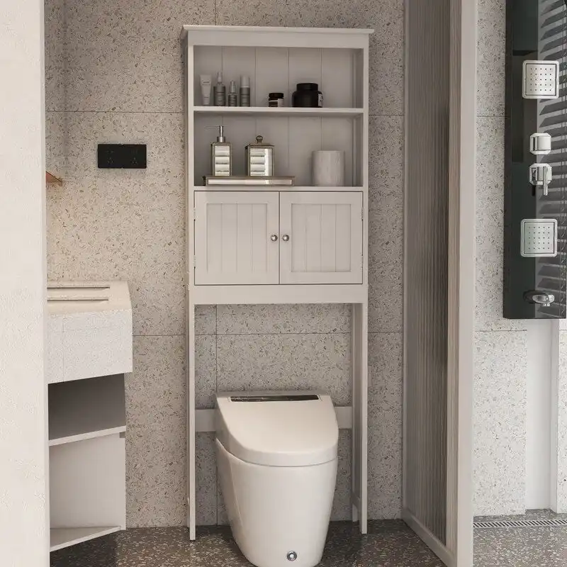 Over The Toilet Storage Cabinet, Bathroom Organizer with Two Shelves and Cabinet, Freestanding Wooden 2-Door Toilet Storage Rack