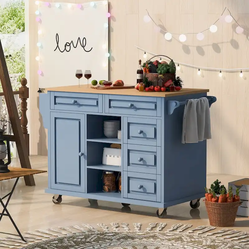 Rolling Kitchen Island Cart with 5 Drawers, Spice Rack and Towel Holder