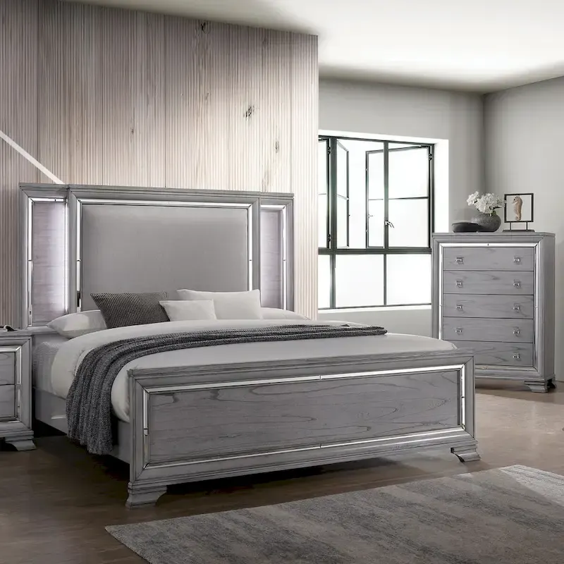 Furniture of America Taia Contemporary Grey 2-Piece Panel Bed and Chest Set with LED