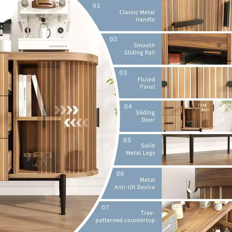 Side cabinet-style buffet cabinet, storage cabinet, living room/kitchen furniture with 6 drawers and 2 sliding doors, made of walnut wood