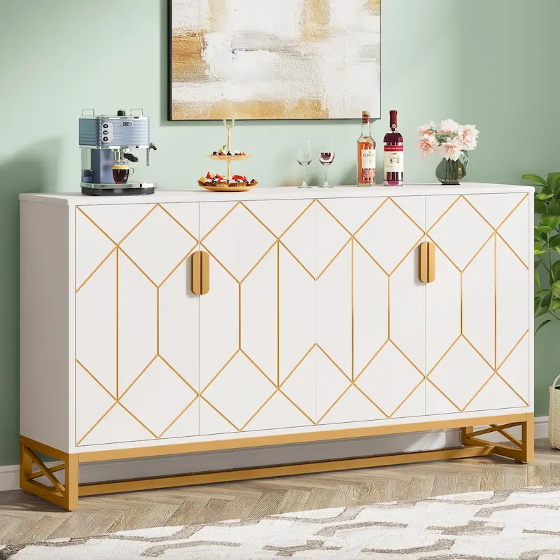 White Gold Buffet Cabinet with Storage, Kitchen Sideboard