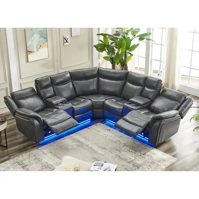 Power Reclining Sectional Sofa Couch with LED Light Recliner Faux Leather L-Shaped Cup Holder,USB Port for Living Room Black
