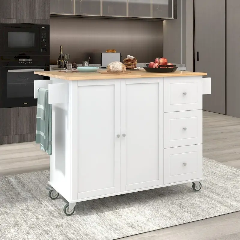 Rolling Mobile Kitchen Island with Wheels Drop Leaf, Solid Wood Top