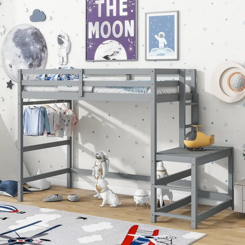 Gray Twin Size Pine High Loft Bed with Landing Platform and Two Ladders