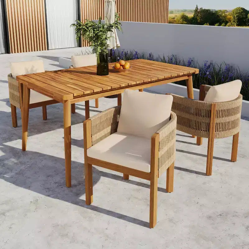 Christopher Knight Home Corin Elara 5 Piece Patio Acacia Wood Woven Rope Dining Set with Slatted Table and Cushions