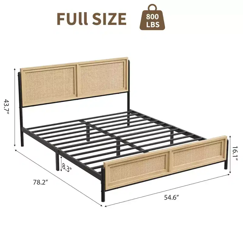 Coolmee Boho Full/Queen/King Size Bed Frame with Natural Rattan Headboard and Footboard, Wooden Platform Bed No Box Spring Needed, Noise-Free